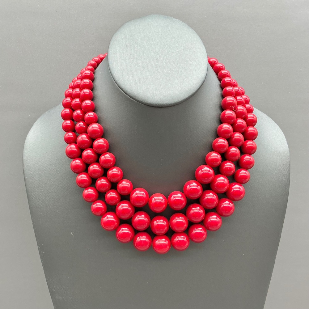 Vintage Napier Necklace Red Bead Triple Strand Gold Tone Statement Collar 18"
